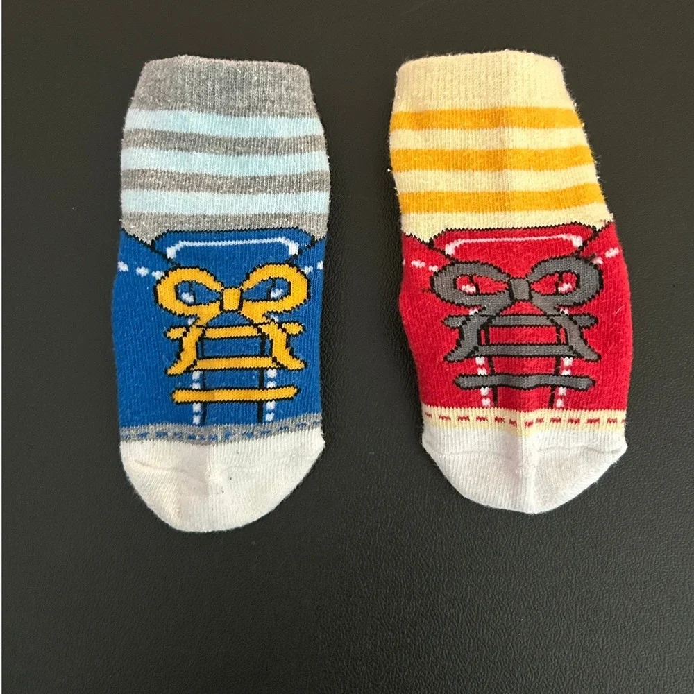 Kids Basic Sneaker Print Non Slip Socks 2 Pair Set Red Blue Striped Toddler 1405